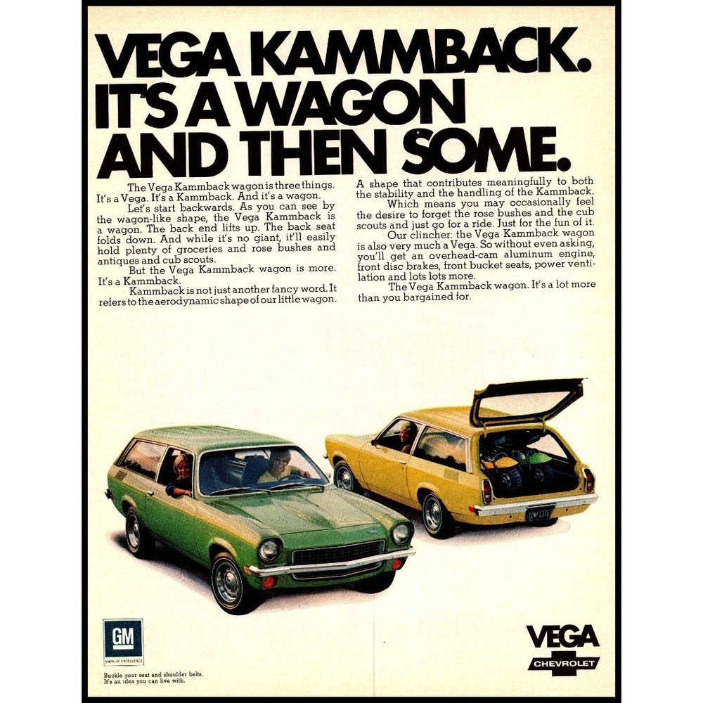 1971 Chevy Vega Kammback Wagon Vintage Print Ad Mini Dirt Bikes Wall Art 10x13